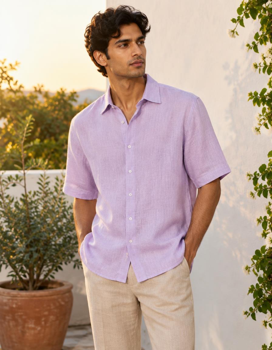 Lilac Half-Sleeve Relaxed Linen Shirt