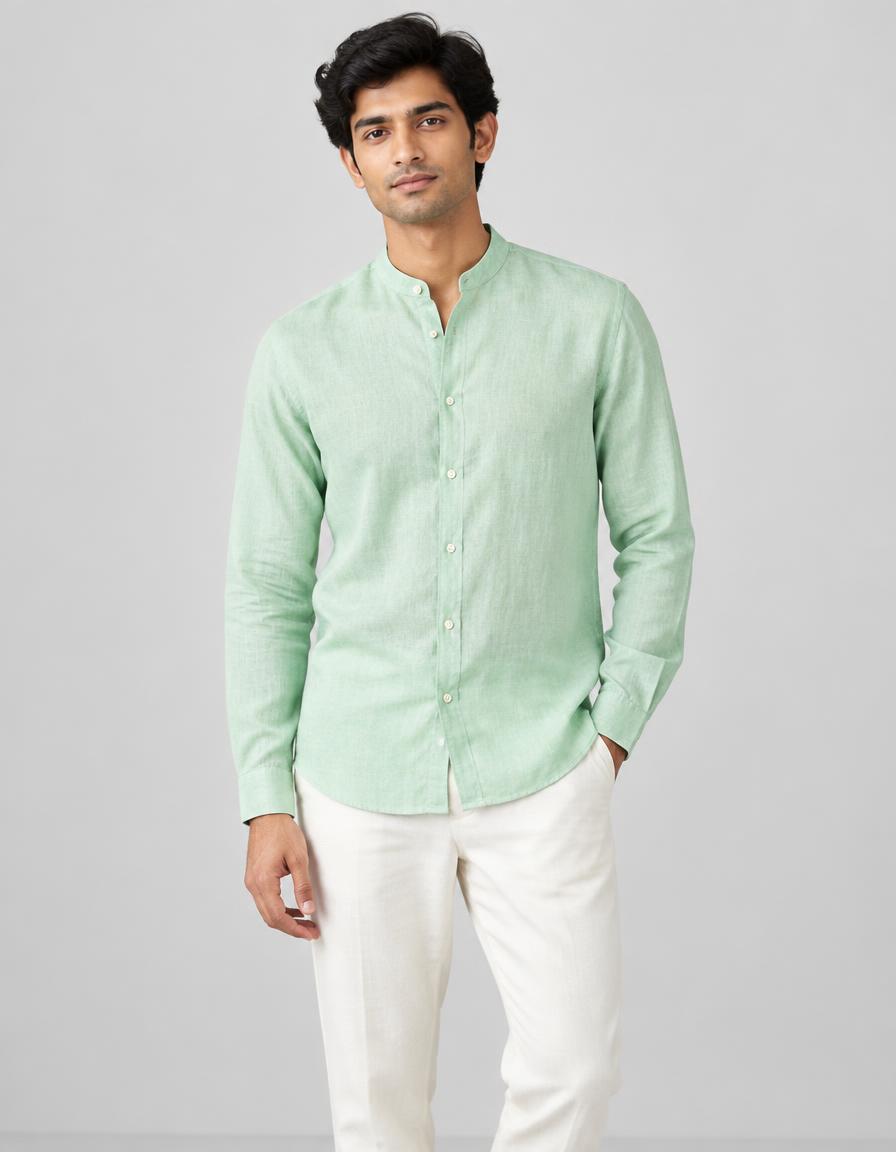 Mint Mandarin Collar Linen Shirt