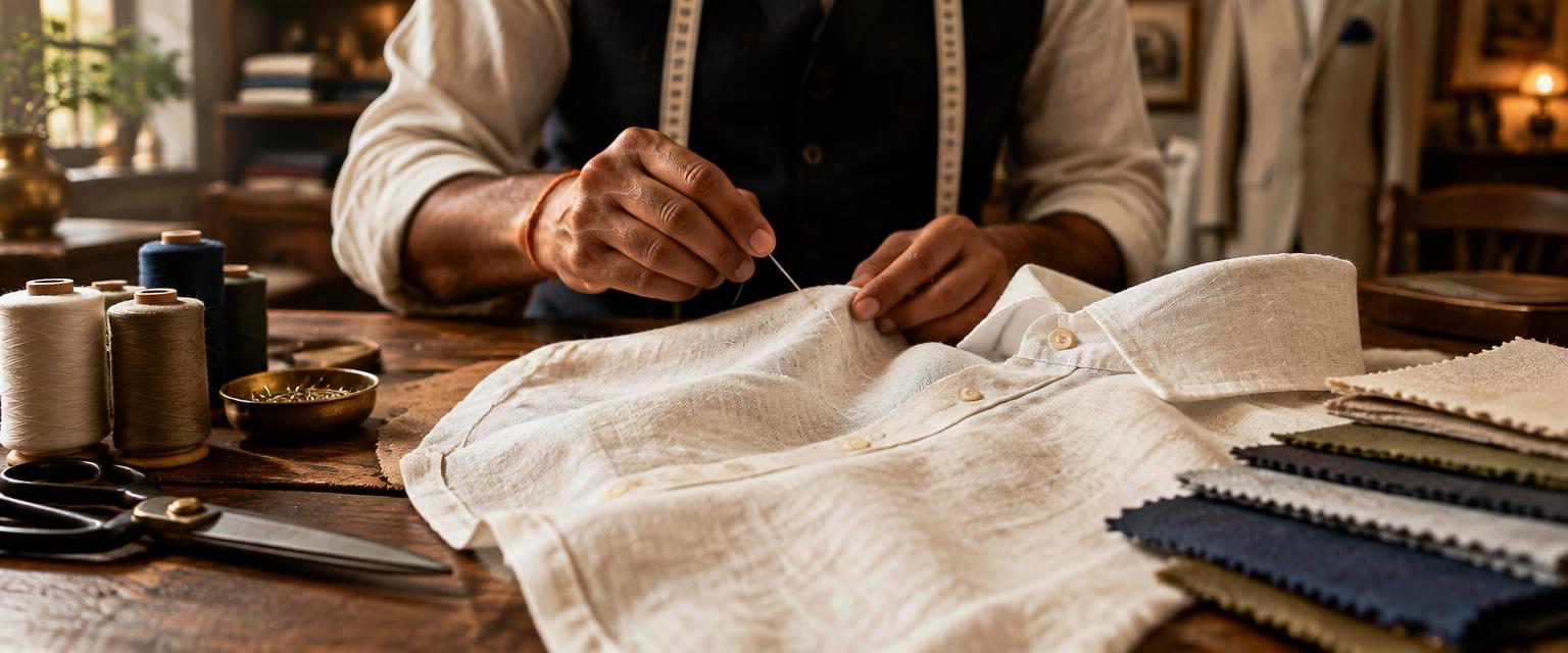 Montaire atelier — tailor hand-stitching a pure linen shirt