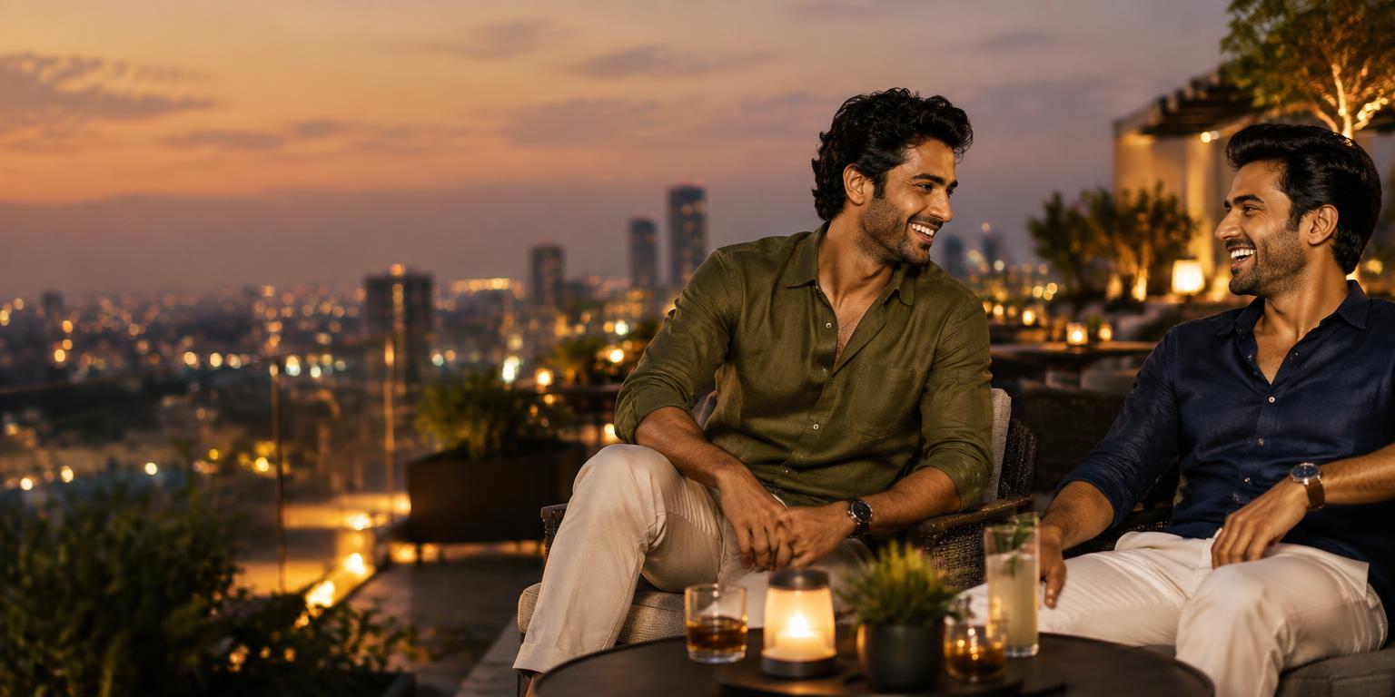 Men in olive and navy Montaire linen shirts at a rooftop evening