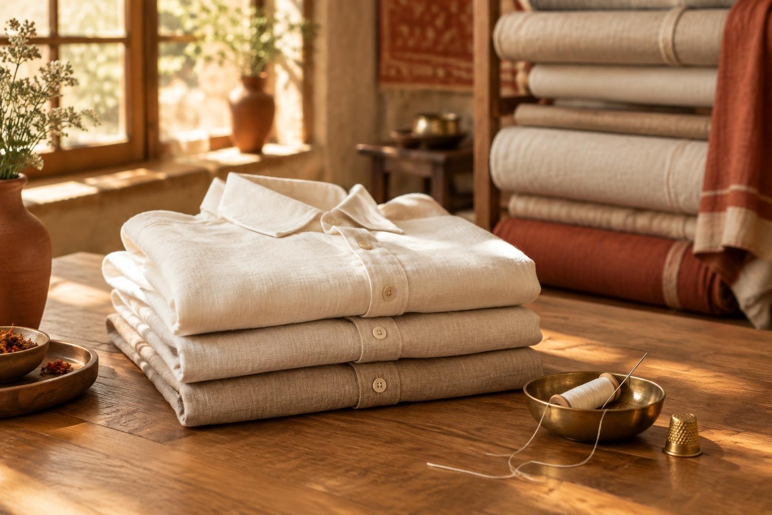 Folded ivory and sand Montaire linen shirts on an oak table in a sunlit atelier
