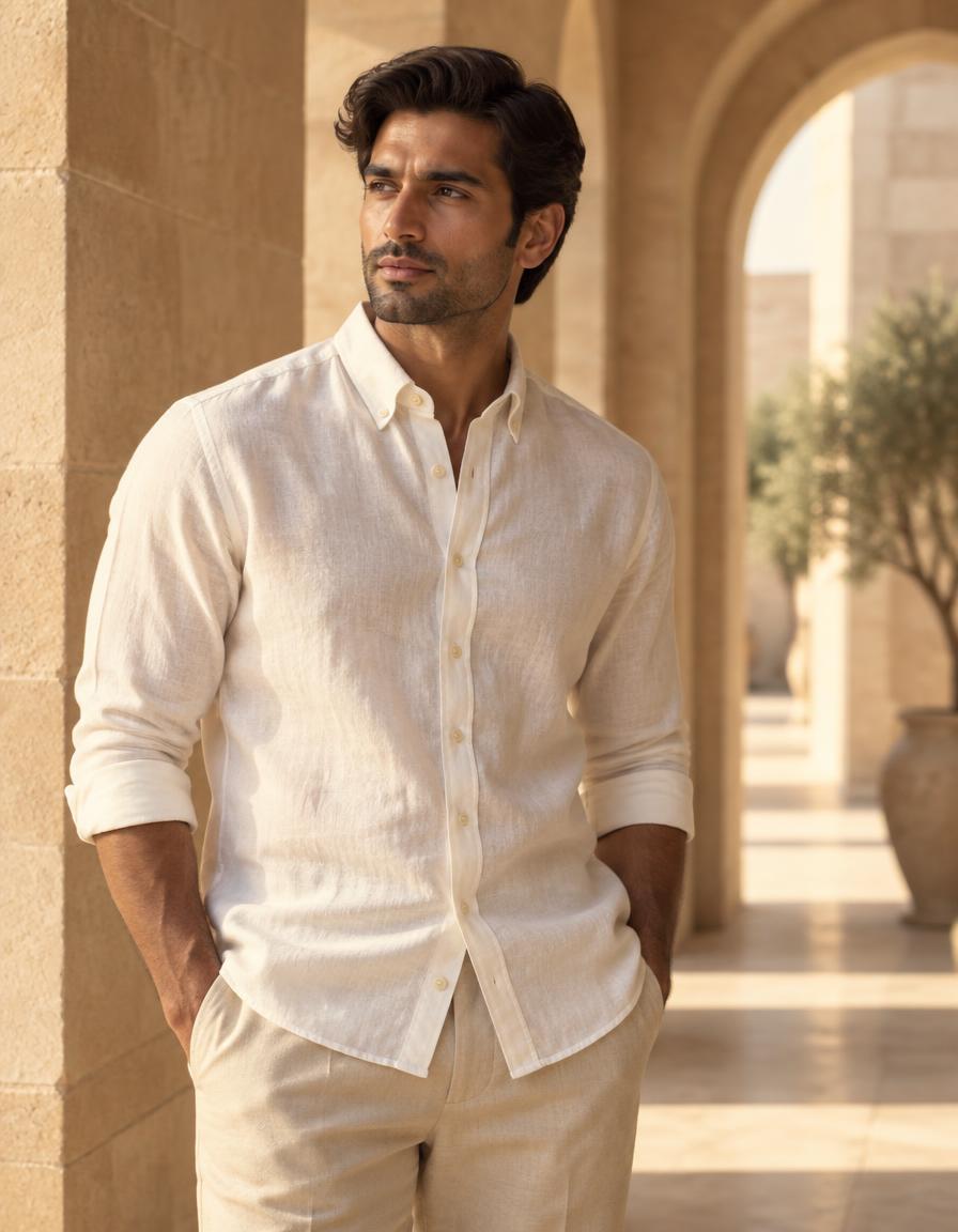 Man in an off-white classic-fit Montaire linen shirt