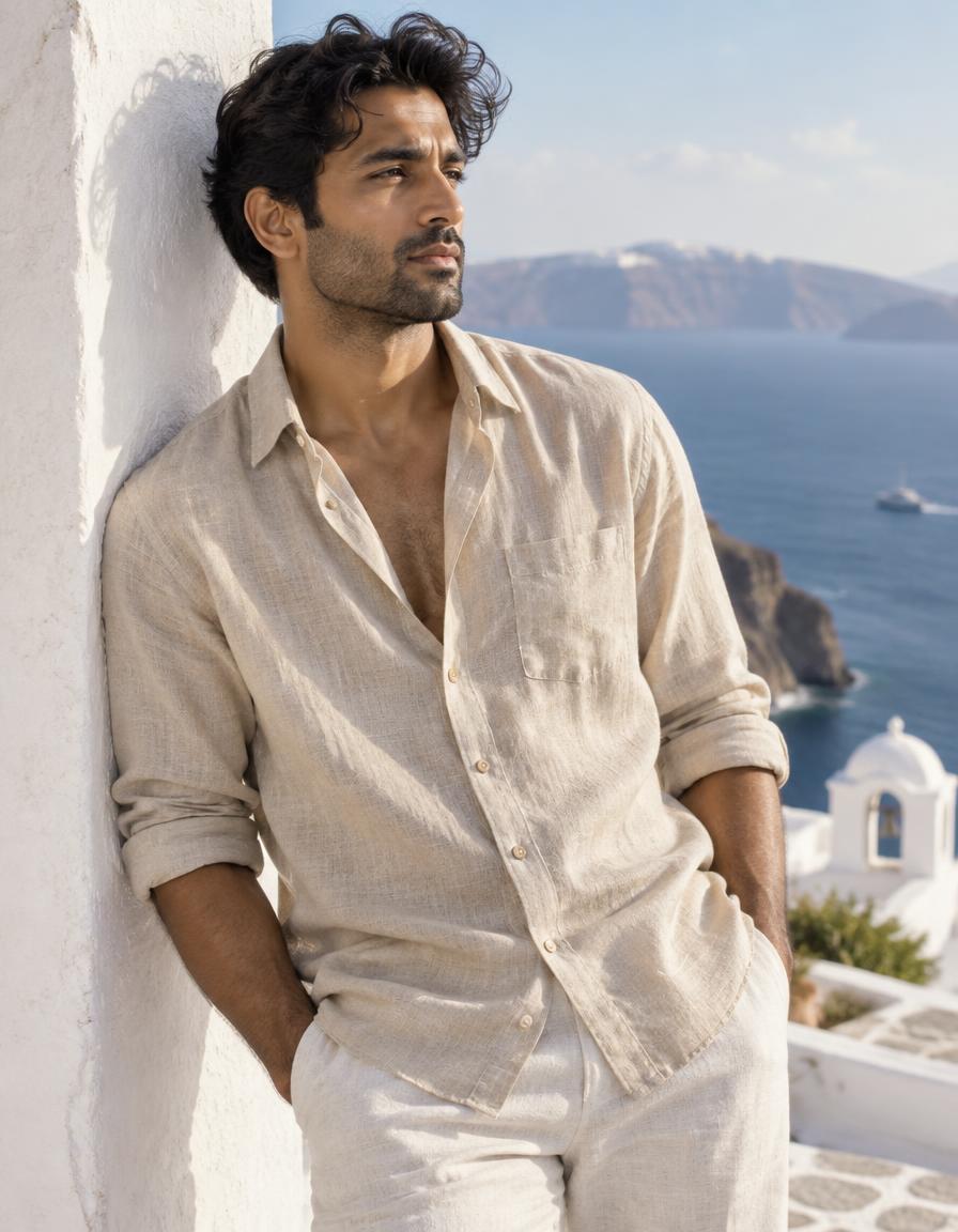 Man in a sand relaxed-fit Montaire linen shirt by the sea